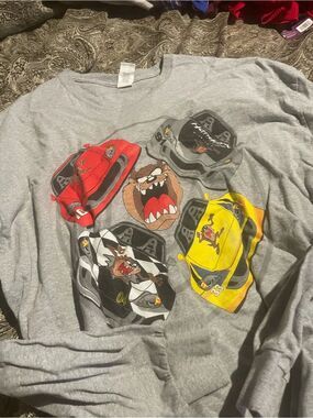 Nascar Gray Long Sleeve Tee with Red Yellow Black Car Graphics